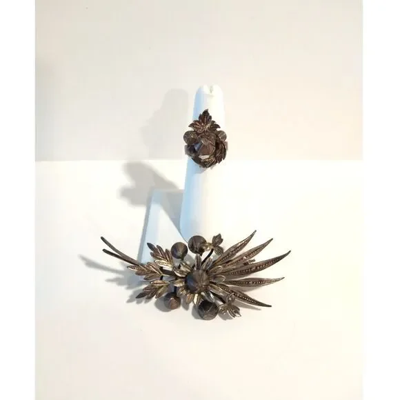 Victorian Antique Austrian Branch Brooch Ring Set Rose Cut Diamond Silver Leaf - Picture 7 of 16